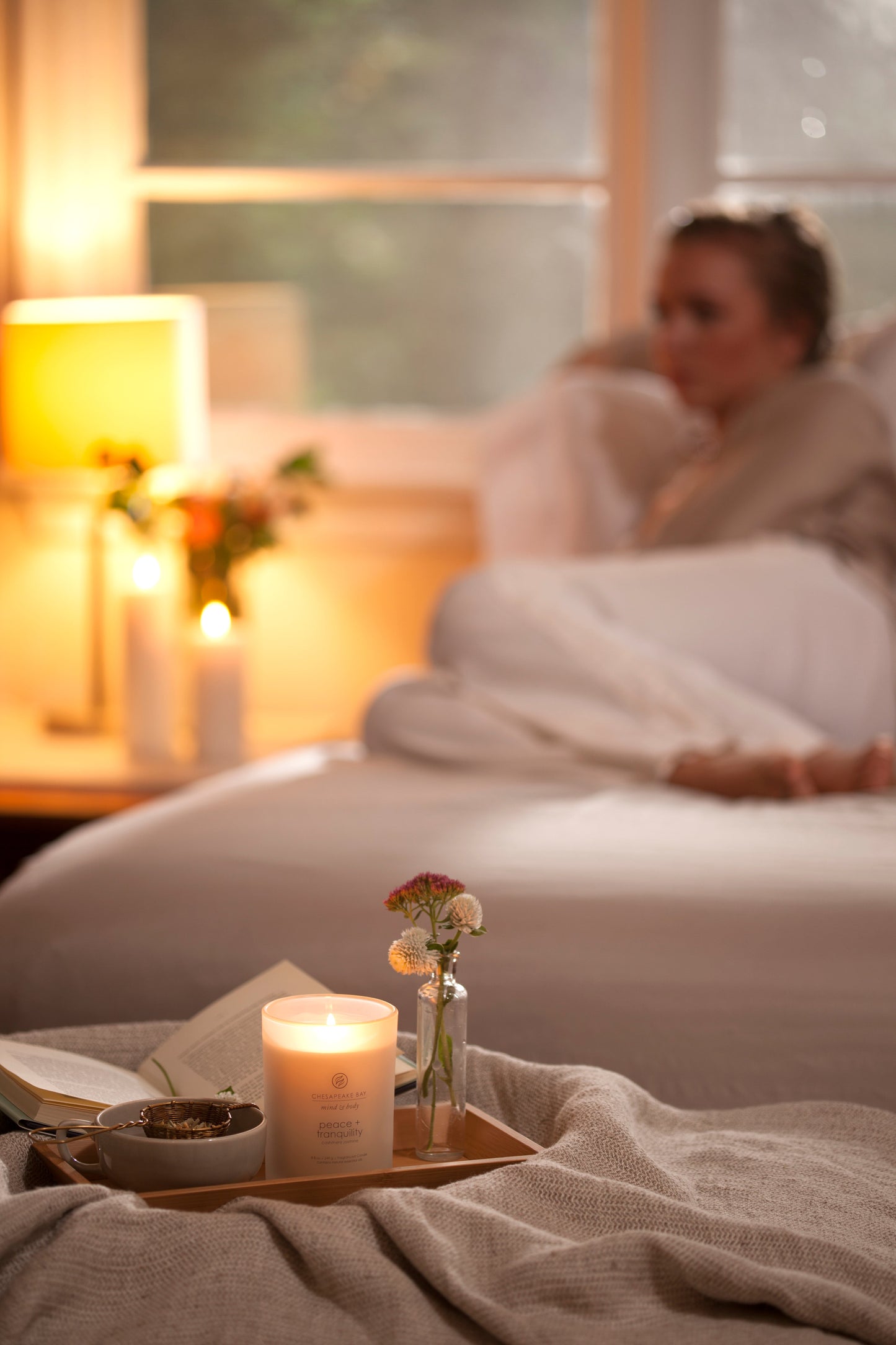 peace tranquility cashmere jasmine scented jar candle on tray